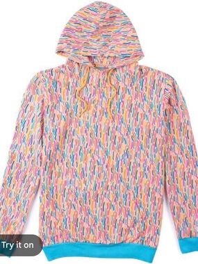 Women's Multi-Color Patterned Hoodie Sweater with Blue Trim